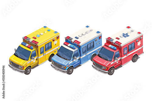 isometric set of emergency ambulances in various colors