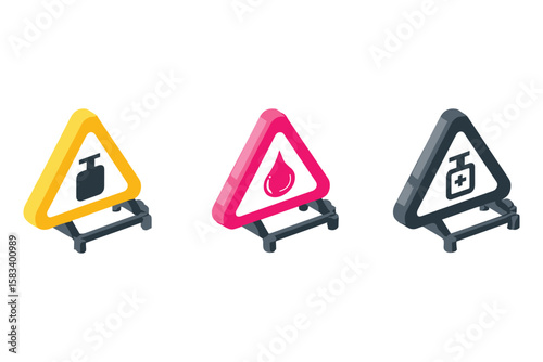 isometric set of triangular warning signs in pink and black