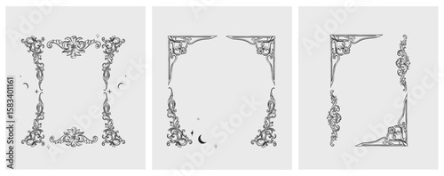 Hand drawn vector abstract outline,graphic,line vintage baroque ornament floral frame in calligraphic elegant modern style.Baroque floral vintage outline design concept.Vector antique frame isolated.