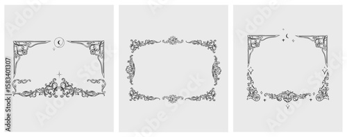 Hand drawn vector abstract outline,graphic,line vintage baroque ornament floral frame in calligraphic elegant modern style.Baroque floral vintage outline design concept.Vector antique frame isolated.