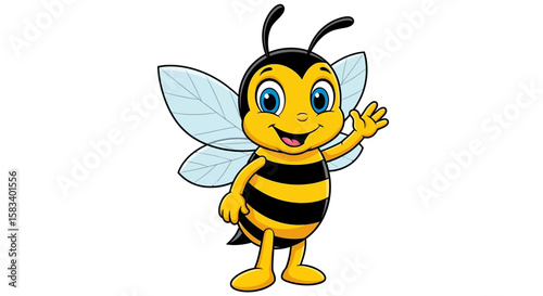 Cheerful Cartoon Bee Waving Hello with Bright Yellow and Black Stripes