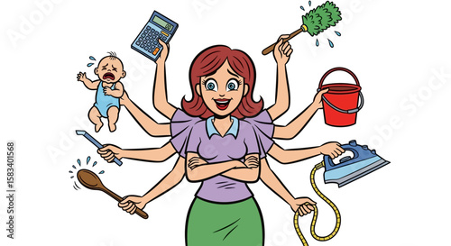 Cartoon Woman with Multiple Arms Holding Household Items and Crying Baby