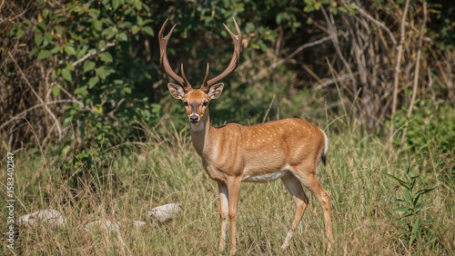 Elegant axis deer observed in wild surroundings. photo