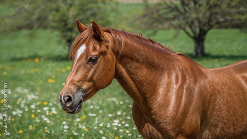 Stunning horse amidst green pastures