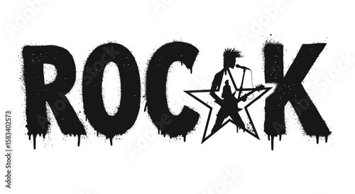 Bold Black "ROCK" Graffiti Text with Punk Rock Silhouette