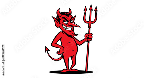Cartoon Devil Character Holding Trident, Standing Pose, Red Color