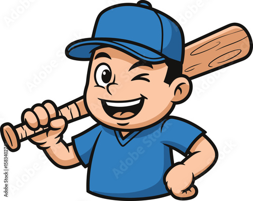 Cheerful cartoon boy winking and holding a wooden baseball bat, smiling broadly.