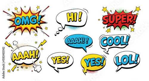 Comic Speech Bubbles with Exclamations: OMG, Hi, Super, Cool, Yes, LOL, AAAH!