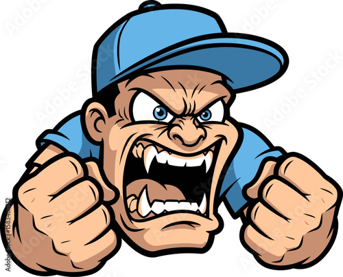 Angry cartoon man in baseball cap with clenched fists, expressing extreme rage.