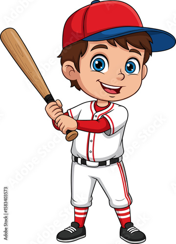 Cartoon boy baseball player in action, holding bat, ready to swing.