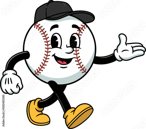 Cartoon baseball walking with a welcoming gesture.