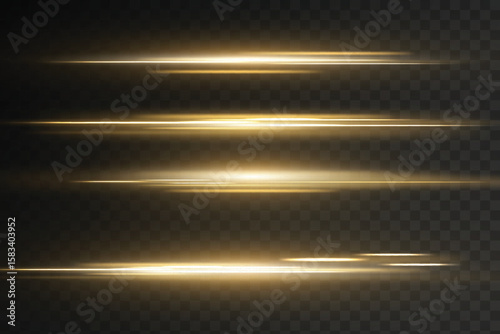 Dynamic gold light streak with laser flare and glowing motion effect. Shiny abstract tech trail on black background. Perfect for speed, anime, zoom or futuristic design themes.
