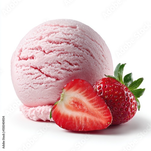 A scoop of pink strawberry ice cream next to a whole strawberry and a halved strawberry on a white background.
