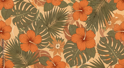 Tropical Floral Pattern with Hibiscus Palm and Monstera Leaves in Earthy Tones.