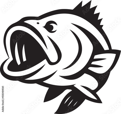 Bass fish graphic aggressive black and white, Fierce fishing illustration in bold lines