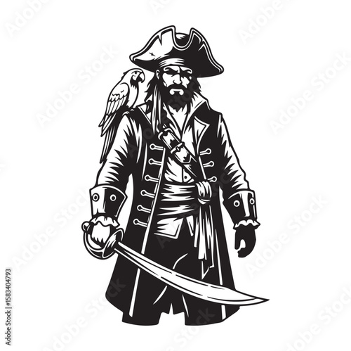 Pirate Silhouette Vector | Black Pirate with Sword and Parrot. AI generator
