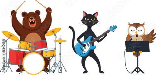 Cartoon animals playing musical instruments on a white background stage