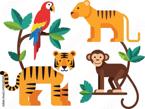 Illustration of a parrot tiger cub tiger and monkey on tree branches