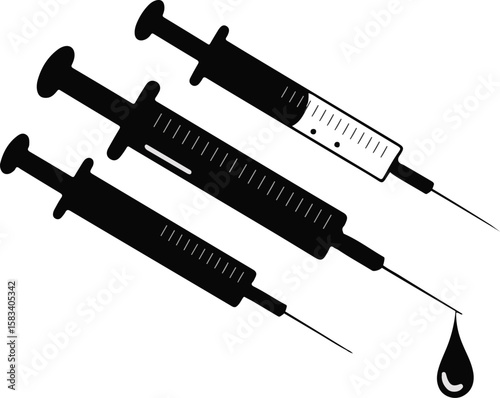 Abstract medical syringe and fluid droplet graphic with vibrant colors