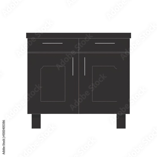 Modern Cabinet Illustration: A minimalist illustration presents a sleek, dark cabinet design with drawers and doors, perfect for interior design projects or product presentations. 