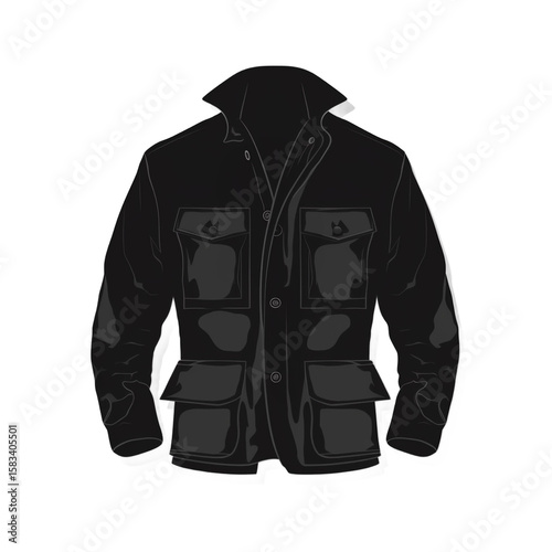 Men's Black Jacket: A detailed vector illustration presents a stylish black jacket, showcasing its design and features against an isolated backdrop.