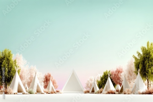 Tranquil teepee camp in serene landscape with pastel sky