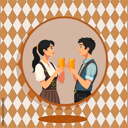 From the series "oktoberfest", guy and girl with dirndl holds with beer mugs on a traditional Bavarian pattern of brown diamonds