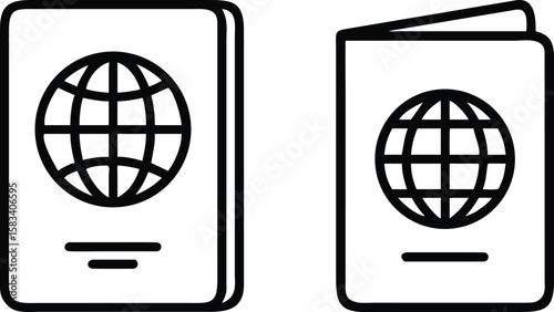 Passport Icon Design: Closed and Open Book Style with Globe Symbol for Travel and International...