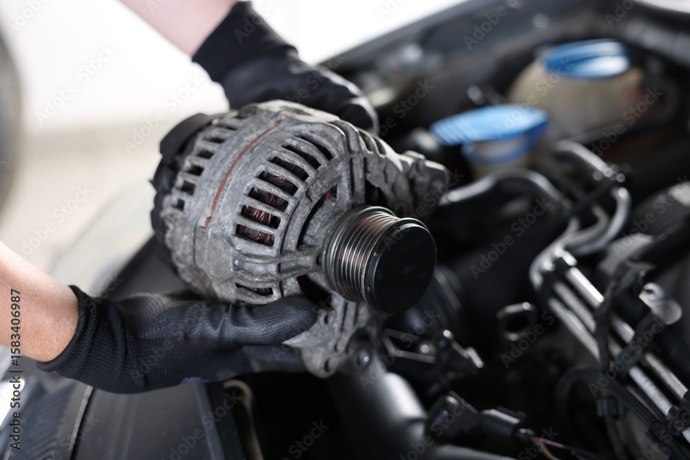 Auto part. Professional mechanic with alternator near open hood of car indoors, closeup Auto part. Professional mechanic with alternator near open hood of car indoors, closeup