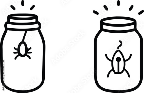 Cute Cartoon Illustrations of Insects Trapped in Jars, Spider and Beetle in Glass Containers