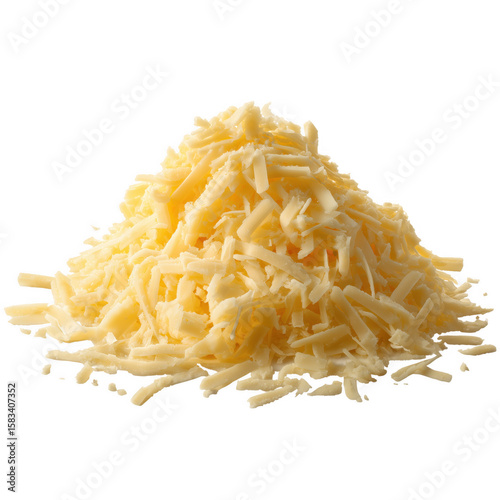 Freshly grated shredded cheese pile isolated against a transparent background close up