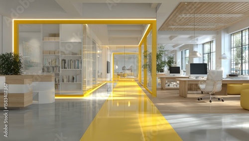 Blurred office interior background with a blurred door and glass wall, blurry bokeh light effect for a business concept design. High-quality photo, taken with a telephoto lens in realistic daylight.