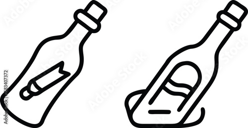 Two Outline Illustrations of Message in a Bottle, One Upright and One Lying Down