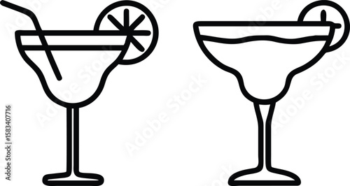 Two Elegant Cocktail Glasses with Lime Slices and Straw, Summer Drinks Menu Design, Vector Illustration,...