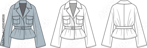 CAD flat sketch fashion jacket technical drawing with front back view, belted peplum waist coat vector illustration