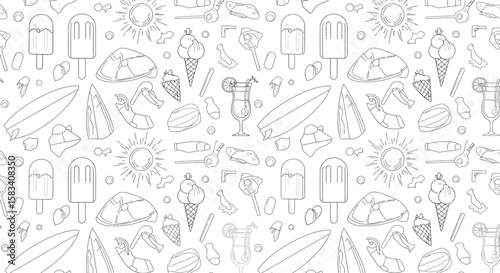 Summer themed seamless pattern with outlined ice cream sun surfboard and cocktail.