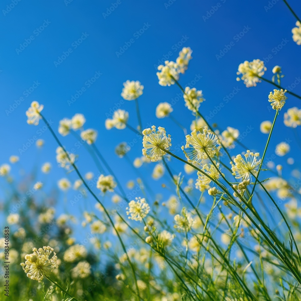 Fototapeta premium Bright Yellow Wildflowers Under Clear Blue Sky in Nature Setting