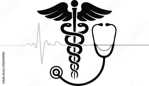 Medical caduceus and stethoscope with heartbeat line art