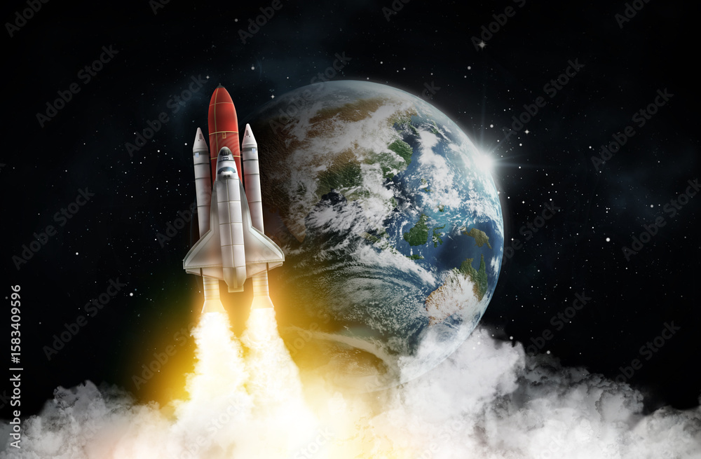 Naklejka premium Rocket in space on orbit of planet