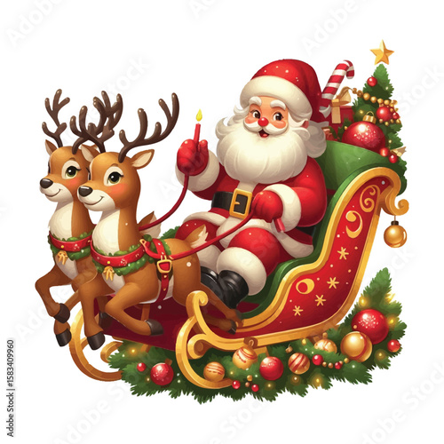 Merry Santa Claus in his red sleigh with reindeer illustration 