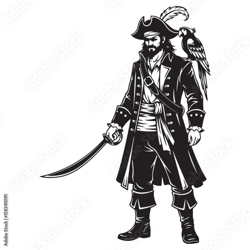 Pirate Silhouette Vector | Black Pirate with Sword and Parrot. AI generator