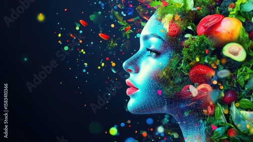 Woman head with fruits and vegetables