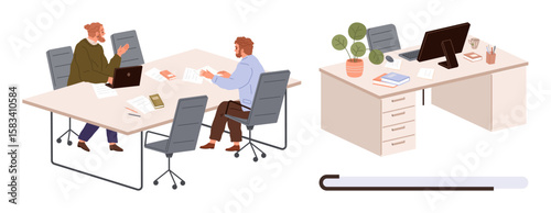 Two colleagues at a meeting table with laptops and paperwork adjacent desk setup with office chair, computer, stationary, and plant. Ideal for teamwork, collaboration, productivity, workplace