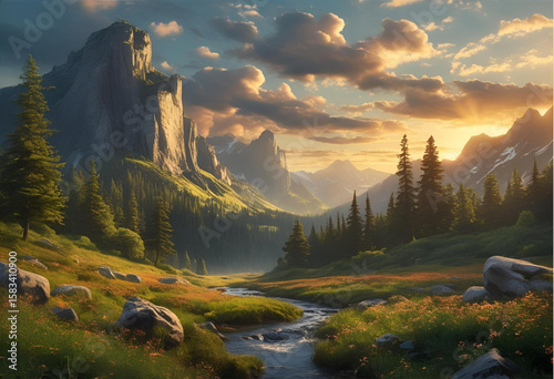 Beautiful mountain landscape painting with river and forest scenery art