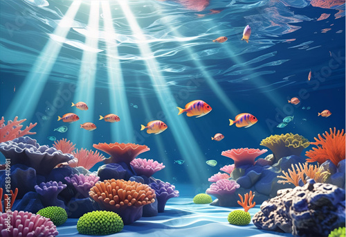 Underwater coral reef scene with tropical fish and sunlight illustration