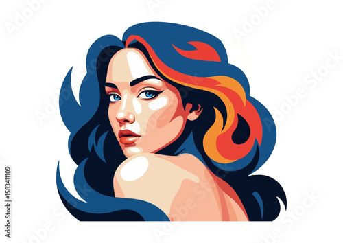 Stylized portrait of a woman with colorful hair looking back over her shoulder