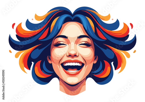 Cheerful stylized portrait of a woman with colorful hair and a joyful expression