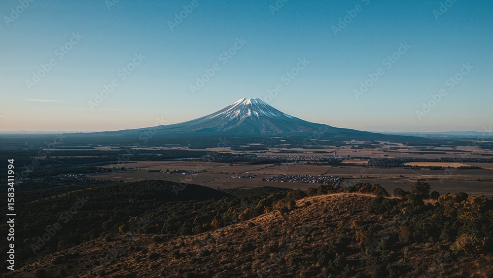 Fototapeta premium Aerial view of a mountain range under a clear sky with fields and natural scenery