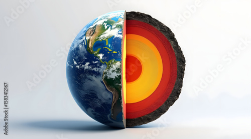 Cross section model of Earth layers showing crust, mantle, outer core, and inner core with vibrant colors and detailed textures