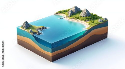 Isometric layered ocean floor terrain showing underwater layers with rocky islands and green vegetation on surface, peaceful coastal scene